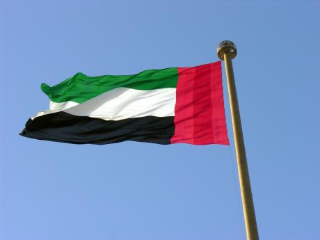 UAE flag flying high in the wind on a flag post